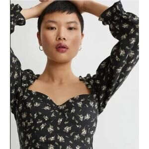 H&M Linen Blend Floral Blouse Cropped Cottagecore NWT Black Bohemian Boho XS $25
